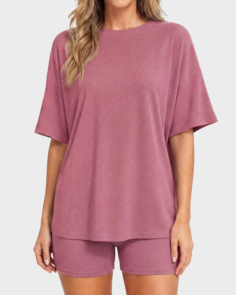 Casual Oversized 2-Piece Lounge Set with Crewneck & Split Hem
